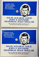 Two 14-karat gold JFK memorial coins displayed on commemorative cards with portrait and historical info about JFK.