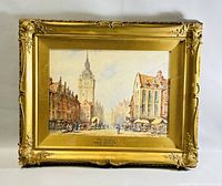 Front view of framed watercolour painting depicting Belfry in Ghent, Belgium, in ornate gold frame