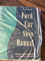 Photo of the 1959 Ford Car Shop Manual front cover showing title and publisher.