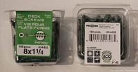 Photo showing two sealed containers of Precision brand deck screws, 100 pieces each, size 8x1-1/4 inch, green vinyl coated.