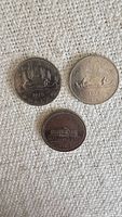 Two 1979 Canadian dollar coins with canoe design and one 1874 Canadian penny commemorating the centennial of the Toronto Industrial Exhibition, placed on a fabric surface.