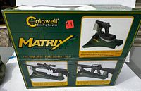 Front box image showing Caldwell Matrix Shooting Rest branding and illustrations of use with rifles and handguns.