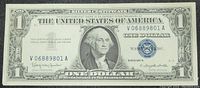 Front side of 1957 B $1 Silver Certificate note with George Washington portrait, blue Treasury Seal, and serial numbers.