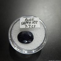Top-down view of dark blue oval sapphire in clear plastic container with white foam padding and a label reading 'Blue Sapphire 7.7 Ct'.