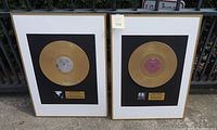 Two framed gold-colored prop records displayed side by side outdoors. Both have gold-colored vinyl records mounted on black matte backgrounds with white borders and gold frames, no glass on front.