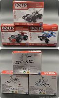 Photo of three Bolts Makers Meccano construction kits for car, race car, and plane models, unopened in original boxes.