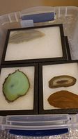 Three black display cases, each containing one or two polished geode slices in foam backing.