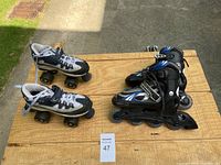 Photo showing the pair of black quad roller skates (size 3) next to a pair of black and blue Schwinn inline roller blades (size 1-4 adjustable) placed on a wooden surface outdoors.