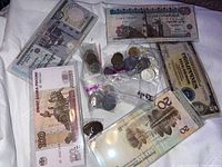 Overview of various foreign currency including banknotes and plastic bagged coins scattered on a white cloth.