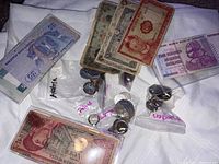 Collection of various foreign currency banknotes and coins spread on a white cloth with some coins bagged and labeled.