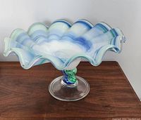 Side view of Murano glass pedestal bowl showing scalloped rim, swirl colors, and pedestal base.