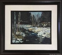 Full view of framed oil painting showing winter river scene with snow and trees