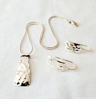 Full view of hammered sterling silver pendant necklace and matching hook earrings on a white background showing texture and shine.