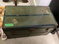 Top and angled side views of a rectangular green metal chest with blue stripes, corner protectors and latch closure, with wear and residue marks visible on the surface