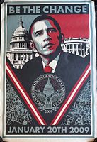 Full view of the 2009 Obama 'Be The Change' inauguration lithograph poster showing Obama portrait, Capitol, White House, and crowd.