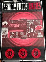 Full view of the Skinny Puppy Rabies concert poster showing design and color scheme with text and images