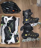 Top-down view showing K2 Alexis ice skates in original box, Koho inline skates, and black cycling helmet grouped together on floor.