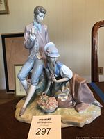 Full view of the Lladro Romance Pastorale figurine showing both figures on a naturalistic base.