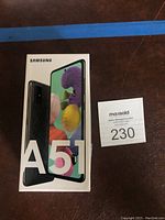 Front view of Samsung Galaxy A51 retail box black model showing phone image and model number A51.