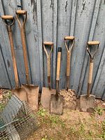 Six garden shovels lined up against a background showing their wooden handles and metal blades, some rusted.