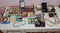 Overview of all jewelry items arranged in boxes including necklaces, earrings, bracelets, and clip-ons.