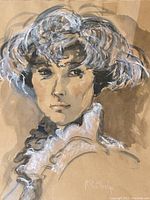 Close-up of the pastel and watercolour portrait showing the signed artwork on tan paper with a woman with curly hair.