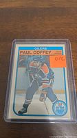 Front of 1982-1983 OPC Paul Coffey 2nd year hockey card in protective sleeve showing player in Oilers uniform with name and team label.