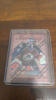 Hockey trading card of Patrick Roy from Topps Finest series in protective case.