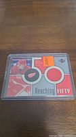 Photo of Steve Yzerman hockey card showing a red jersey piece embedded, labeled 'Reaching Fifty', encased in protective plastic.
