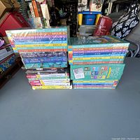 Lot of kids books, novel book sets and DVDs stacked on a table. Magic Bone and Krulik children’s book series visible, as well as Nora Roberts author books. DVDs visible in cases on left side and bottom.