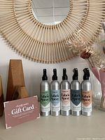 Photo showing a Closest Candyy $50 gift card and five assorted fabric spray bottles in metal containers with black spray tops, arranged on a surface in front of a large round woven mirror.