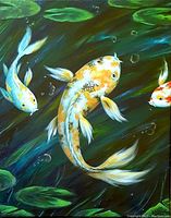 Close-up photo of acrylic and gel medium painting showing koi fish and aquatic plants.