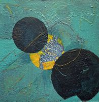 Close-up image of a 12x12 acrylic painting on wood board titled 'Double Eclipse' by susanjuneart showing textured teal background and two large solid black circular shapes with a central golden-yellow and gray area.