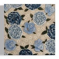 Photo of the first 12x12 inch acrylic painting on canvas by Emma Barbosa featuring a floral pattern with various shades of blue flowers and green leaves on a beige background.