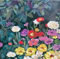 Close-up image showing detailed brushwork of floral acrylic painting.