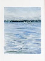 Fine art print showing a watercolor seascape with sailboats and wind turbines under a cloudy sky.