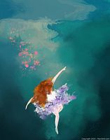 Digital art print of a dancing woman with red hair in a purple dress on a teal background