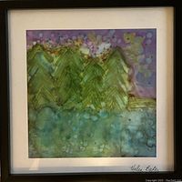 Framed alcohol ink drawing depicting winter trees and water in green, blue and purple tones, signed by Helen Baker.
