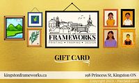 Gift card for Kingston Frameworks with artwork and logo, showing $75 value and business address.