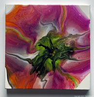 Abstract liquid glass and acrylic painting with vivid colors pink, orange, green, and white on 12 x 12 inch gallery wrapped canvas.