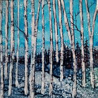 Close-up photo of a 6x6 inch alcohol ink painting showing birch trees with a detailed textured blue background and mottled ground.