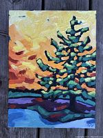 Frontal photograph of the oil painting titled "Little pine" showing the pine tree with colorful sky background and clear artist signature in bottom corner.