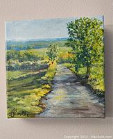 Front view of original landscape painting depicting rural path and trees.