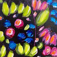 Close-up of the painting showing colorful floral brushstrokes in green, blue, pink, and orange on a dark background.