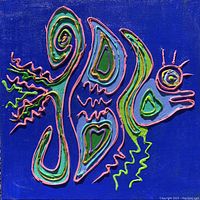 Abstract creature painting with neon colors and raised paint on blue background