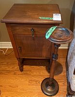 Wood smokers stand next to wood ash tray stand showing dimensions and condition