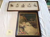 Photo showing two framed pieces: a long horizontal frame with five baby photos in black and white sepia, and a square frame with a colorful lithograph of a baby in bed.