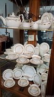 Full display of the Royal Worcester Saguenay pattern china pieces including teapot, creamer, sugar bowl, cups, saucers, and plates arranged on glass shelves.