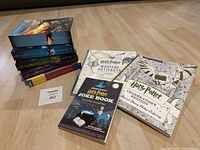 Stack of the first four Harry Potter novels plus the three additional related books.