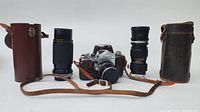 Camera body with both lenses mounted and leather cases on either side